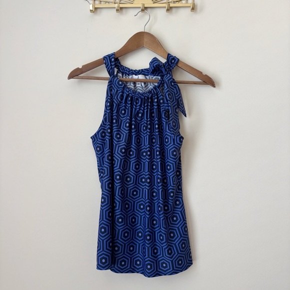 Jude Connally Tie Neck Tank Top Medium Blue Geometric Print - Picture 1 of 6